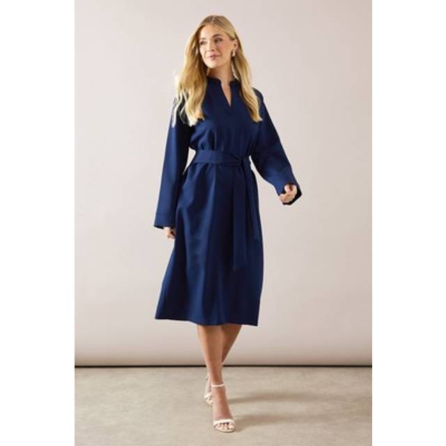 Womens Petite Collared Long Sleeve Tie Waist Midi Dress - Navy - 14