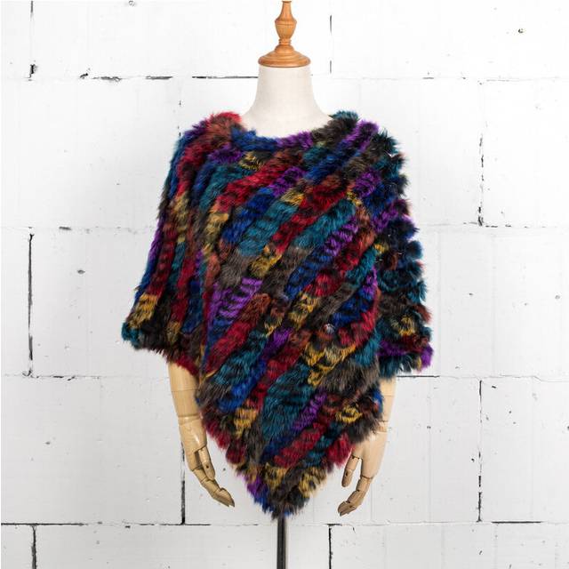 (Multicolour  3, One Size) Women Knit Rabbit Fur Shawl Poncho Cape Robe Tippet Wrap Female Girl Warm Coat Jakcet CK701