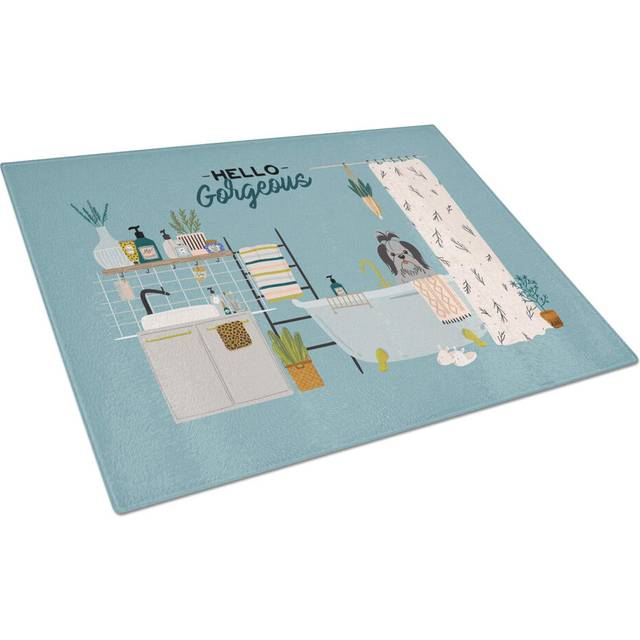 Caroline's Treasures CK7511LCB Black Silver Shih Tzu in Bathtub Glass Cutting Board Large Decorative Tempered Glass Kitchen Cutting and Serving Board