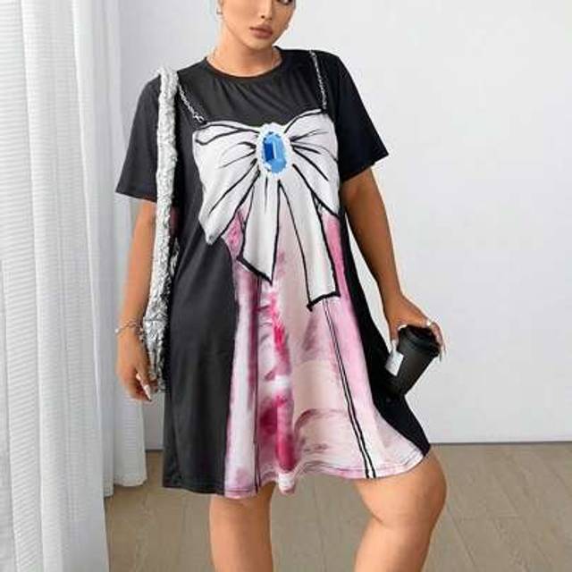Flirla Plus Size Women Crew Neck Short Sleeve Casual Bow Print Shift Dress
