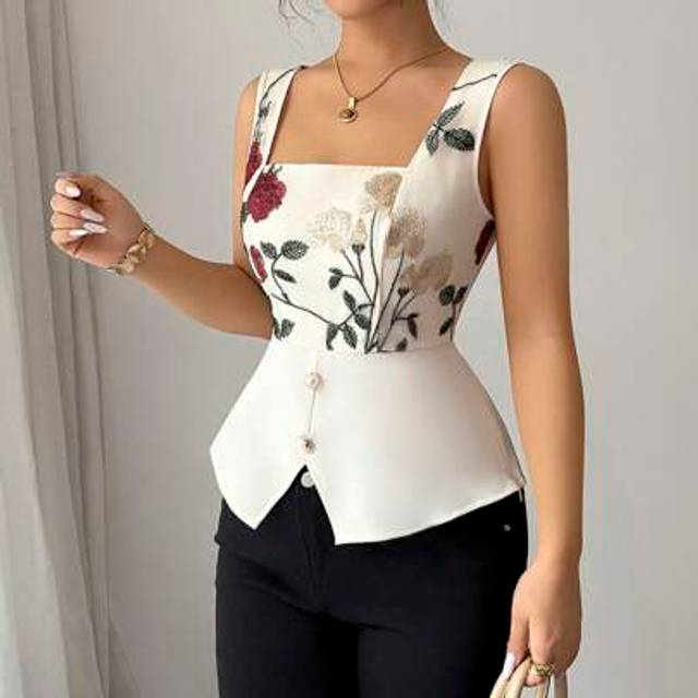 Calvaya Women Floral Embroidery Square Collar Button-Detailed Sleeveless Blouse