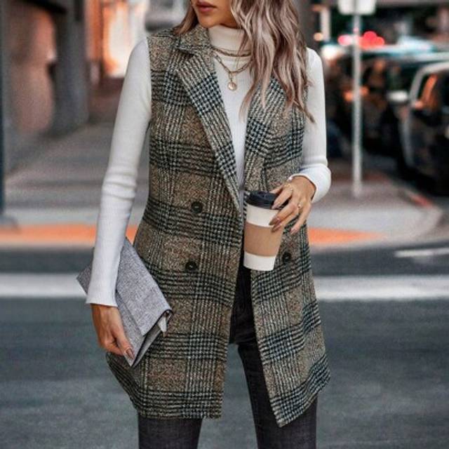 SHEIN Women&#39;s Autumn Plaid Notched Collar Double Breasted Sleeveless Blazer