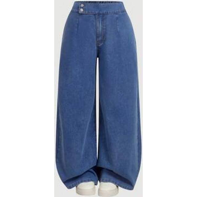 Plus storlek knapp hög midja, vida ben Casual jeans - Mediumtvätt (0XL,1XL,2XL,3XL,4XL)