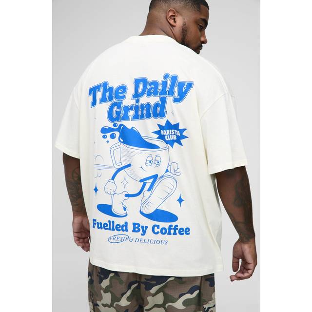Plus Oversized Extended Neck Daily Grind Cartoon Graphic T-Shirt - Cream - 2XL