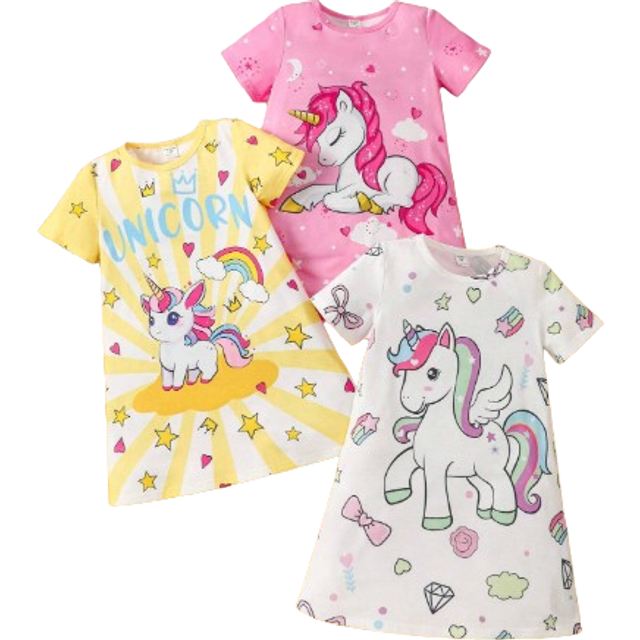 SHEIN 3pcs Young Girl&#39;s Unicorn Cap Sleeve Knitted Comfortable Loose Flame Retardant Nightgowns For Summer