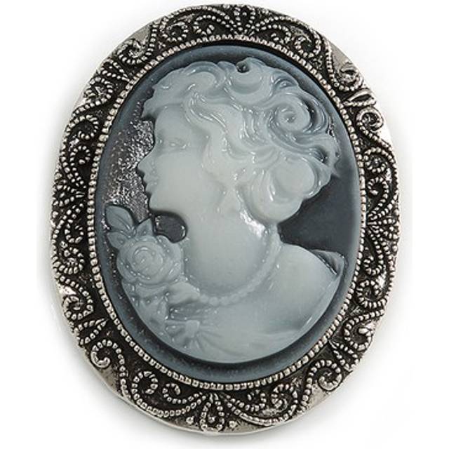 Vintage inspired filigree grey cameo brooch in antique silver tone - 45mm l