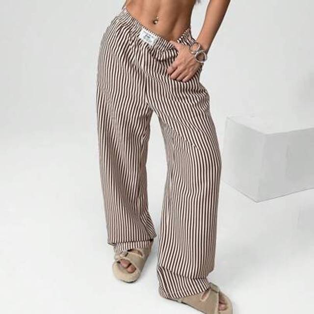 SHEIN Brown Striped Woven Casual Wide Leg Pants For Women