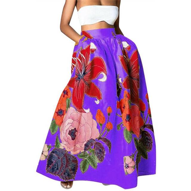 (Purple, 2XL) Women's Skirts Bohemian Floral Loose High Waist Holiday Big Sway Pocket Skirt Women
