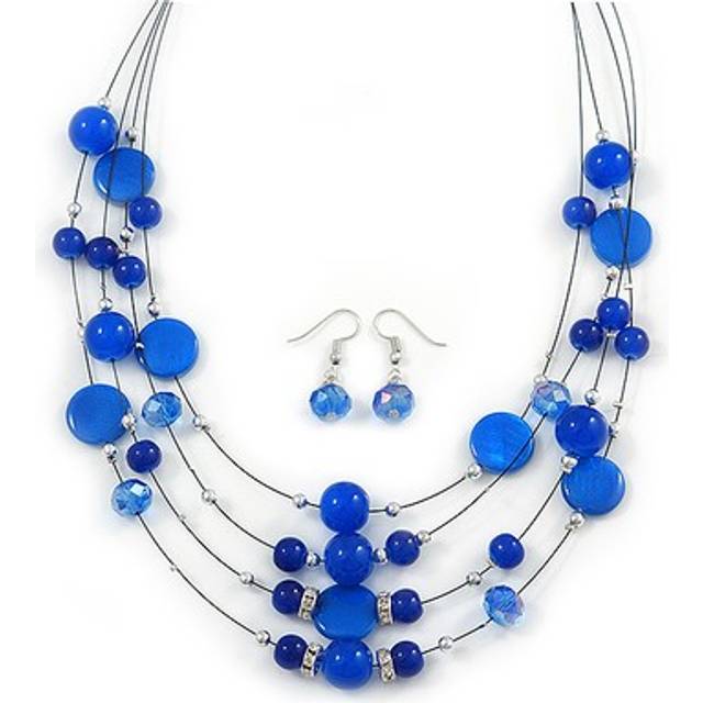 Blue shell & crystal floating bead necklace & drop earring set - 52cm l/ 5cm ext
