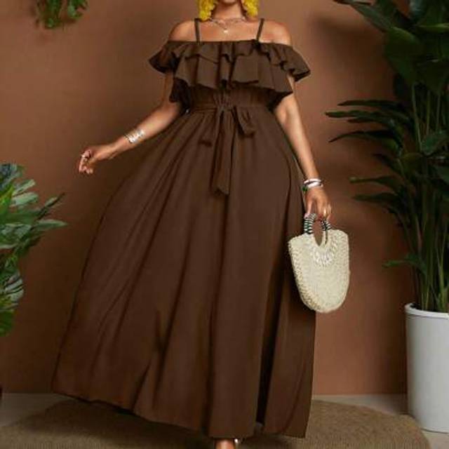 Maweii Plus Size Women Holiday Solid Color Ruffle Off Shoulder Elegant Dress