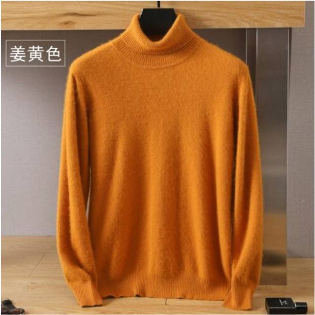 (Ginger yellow, XXL(85-95)kg) Winter Men's High Neck Sweater 100% Cashmere Autumn and Loose Knit Wool Sweater