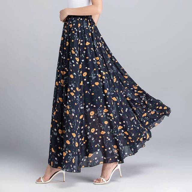 (Dark Blue Yellow Flowers, M) Chiffon Skirt Mid-length High-waisted Slim Long Skirt Retro Big Hem Skirt A-line Dancing Long Skirt Temperament Beach Sk