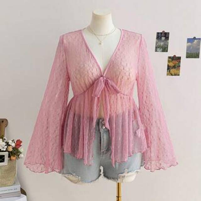 Soleia Plus Size Women Sheer Mesh Bell Sleeve V-Neck Blouse, Pink, Spring/Valentine&#39;s Day