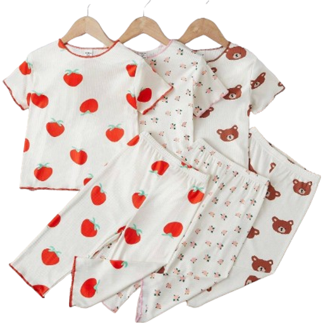 SHEIN 6pcs/Set Girls Pajama Set, Short Sleeve Top & 3/4 Length Pants Home Outfit For Little Young Girl, Spring & Summer