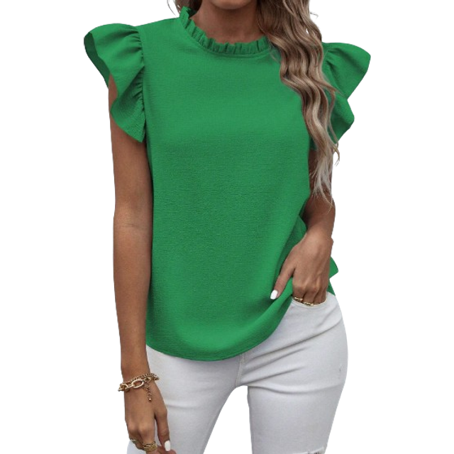 SHEIN Collared Solid Color Ruffled Hem Short Sleeve Shirt