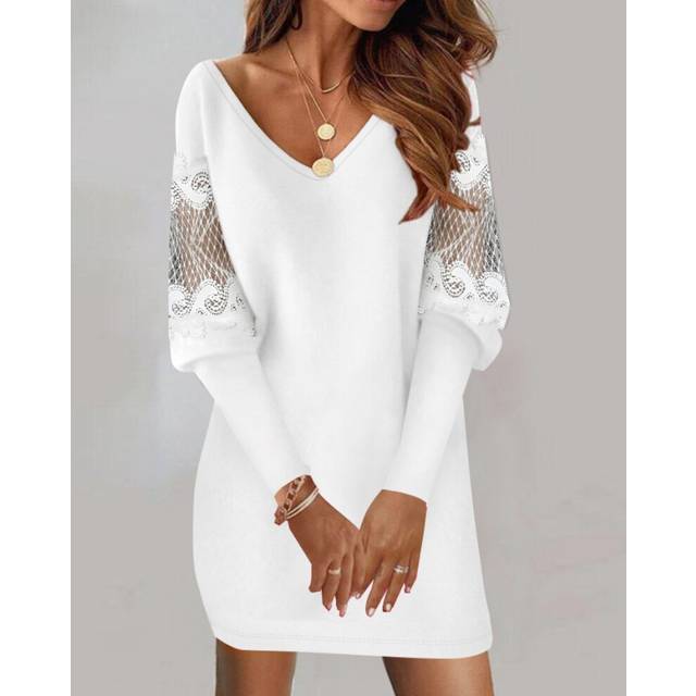 (white, S) Women's autumn new V-neck long sleeved printed lace patchwork dress with versatile temperament for women commuting