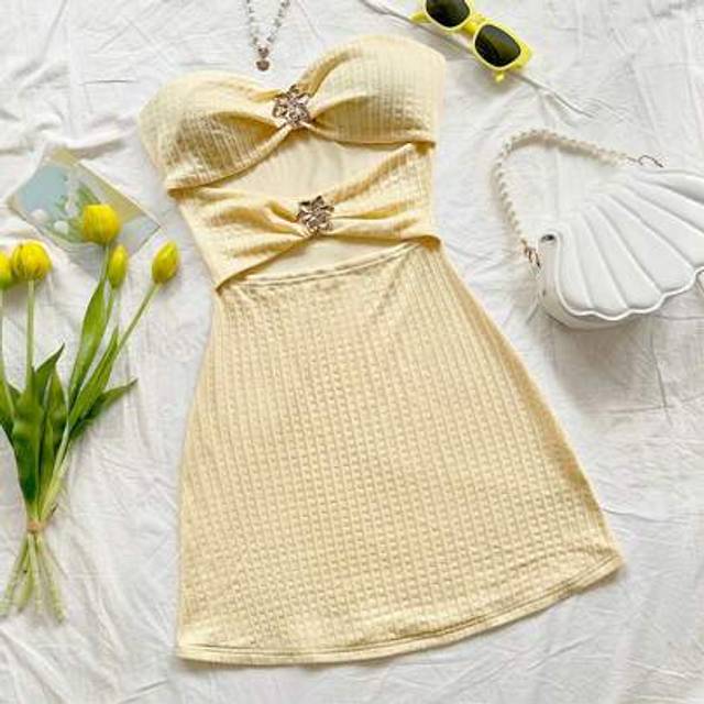 Soleia Vacation Hollow Out Spliced Metal Buckle Textured Fabric Fitted Mini Dress, Suitable For Music Festival, Boho, Holiday, Date, Afternoon Tea