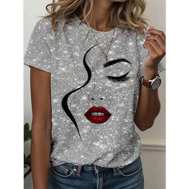 SHEIN Women Abstract Face Line Art Graphic Print Casual Round Neck Short Sleeve T-Shirt, Spring & Summer