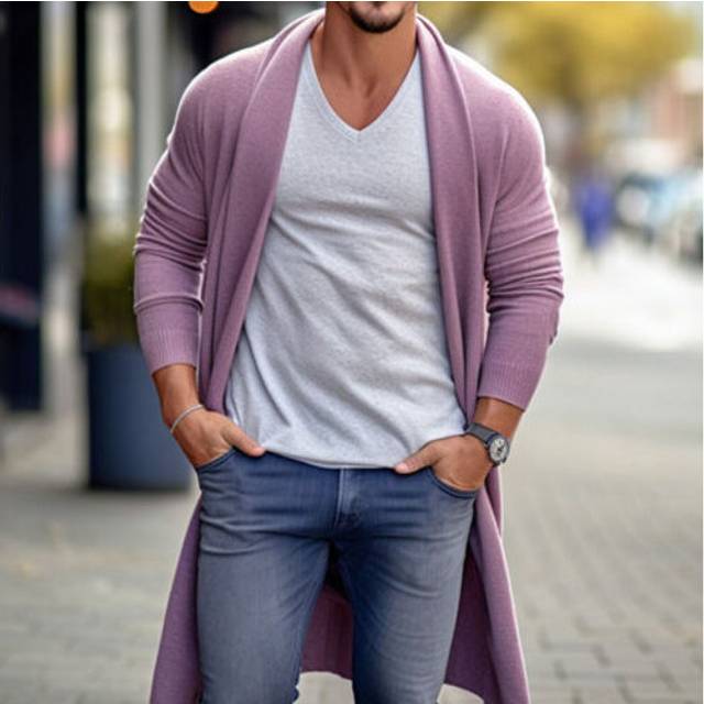 (pink purple, XL) Men's Knitted Cardigan Long Sleeve Open Front Casual Solid Color Sweater Outwear