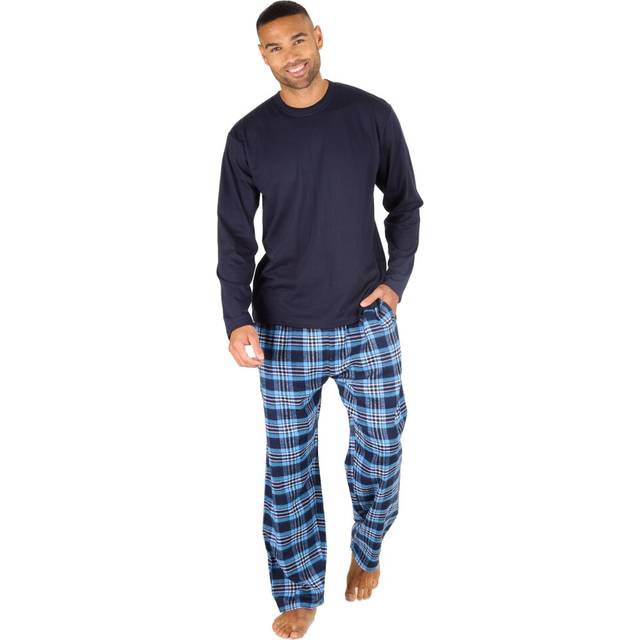 Mens jersey long pyjama set cotton checked crew neck nightwear 2-piece pjs m-xxl