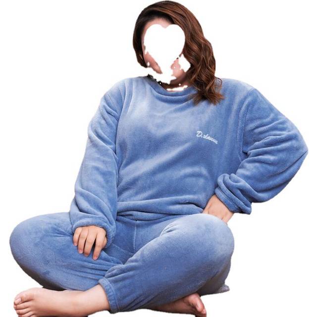 (Oxygen Blue, L) Pyjama Femme Chaud Winter Coral Velvet Pajama Set Fleece Sleepwear Homewear Thick Warm Velvet Female Male Suit Pyjama 4XL