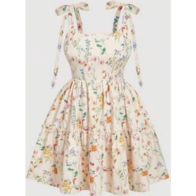 SHEIN Plus Size Ditsy Floral Bow Tie Strap Dress, Suitable For Vacation, Party Or Picnic
