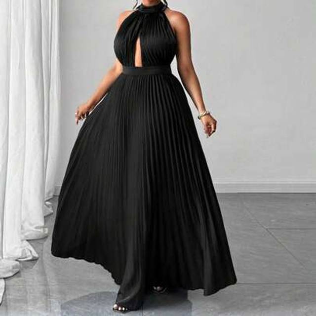 Maweii Plus Size Satin Pleated Hollow Out Backless Tie-Up Sexy Party Dress