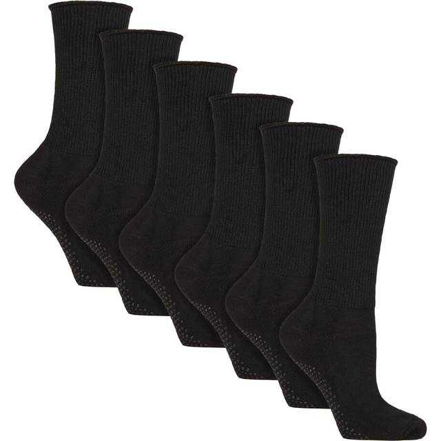 6 Pack Diabetic Bed Socks with Grips - Non Slip Extra Wide Slipper Socks - Black - 4-8