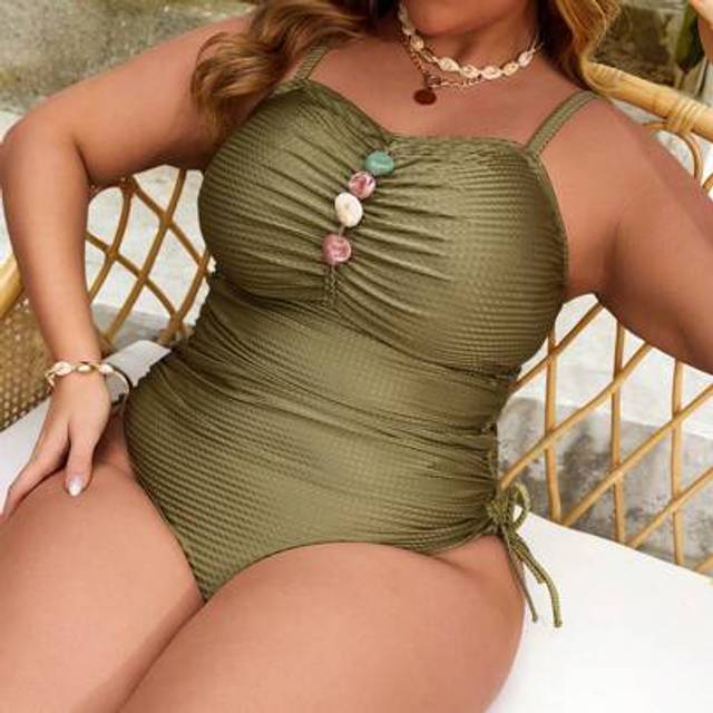 SHEIN Summer Plus Size Green Solid Agate Stone Decor Spaghetti Strap One-Piece Swimsuit For Women, Simple For Daily And Vacation Wear