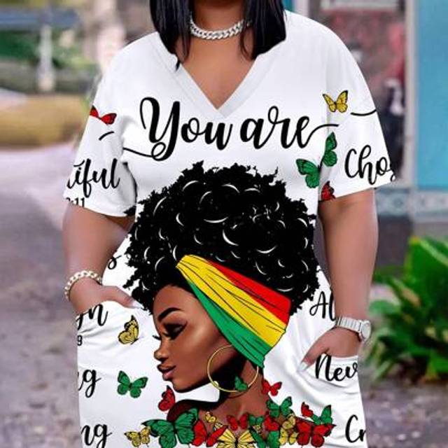 Maweii Plus Size Stylish African American Women Colorful Butterfly & Letter Print Casual V-Neck Short Sleeve Dress