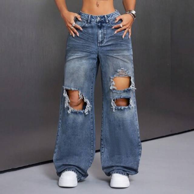 Vintage Street Style Låg Midja Distressed Lösa Breda Ben Jeans För Kvinnor - Mediumtvätt (26,27,28,30,32)