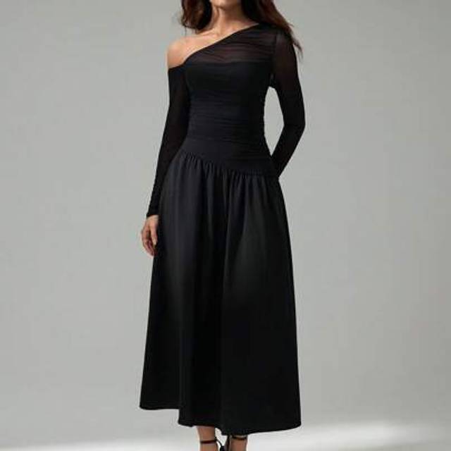 SHEIN Black Asymmetrical Pleated Long Sleeve Dress, Gorgeous And Romantic, Women,Brunch Women Outfit