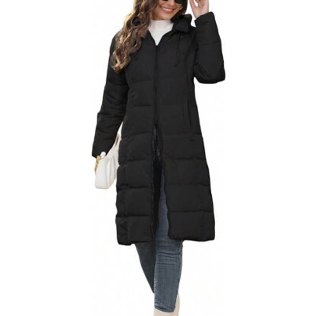 SHEIN Women&#39;s Long Puffer Jacket, Winter Warm Quilted Coat With Hood, Long Sleeve Zip-Up Outwear