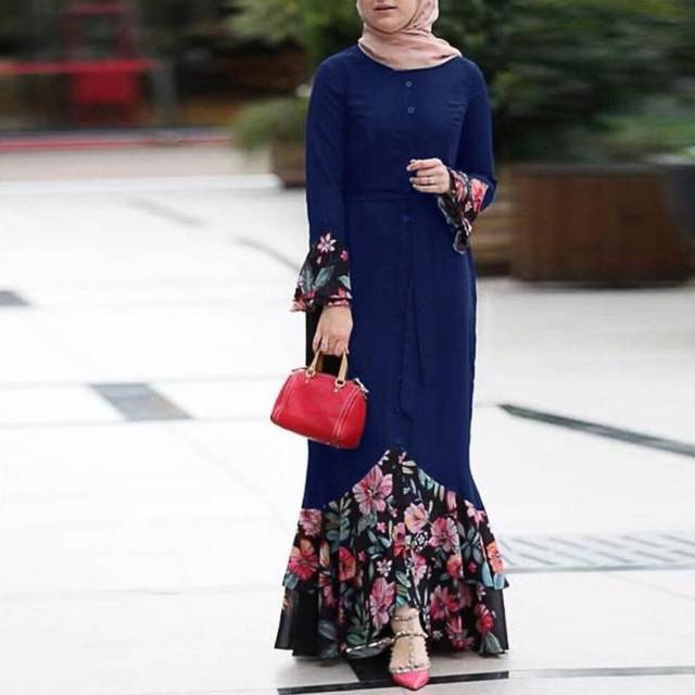 (blue, XL) Women&apos;s Fashion Floral Patchwork Dubai Abaya Sleeve Floor Length Arab Muslim Islamic Dress S~5xl