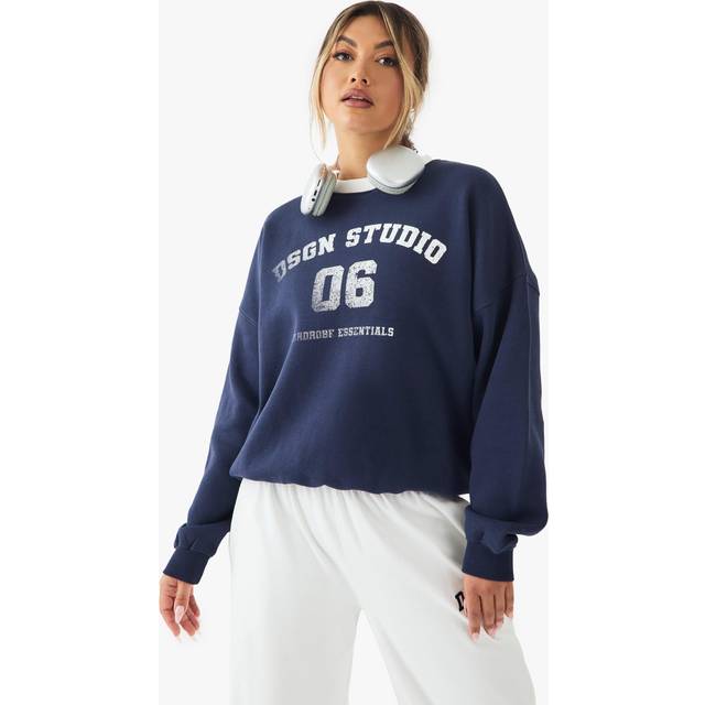 Womens Dsgn Studio 06 Printed Contrast Neckline Oversized Sweatshirt - Navy - Xxl, Navy