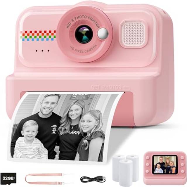 HiMont Barnkamera, snabbkamera, 1080P snabbkamera för barn med 32 GB-kort och 3 rullar utskriftspapper, present till pojkar och flickor från 3 till 12 år