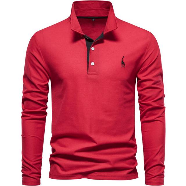 (red, XL) Mens Long Sleeve Polo Shirt Cotton Golf Giraffe Tops