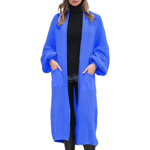 (Royal Blue, UK ML 12-14) Womens Chunky Knitted Oversized Cardigan Lady Balloon Sleeve Long Maxi Cardigan.