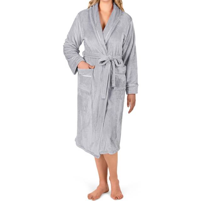PAVILIA Robes For Women  Fleece Soft Fluffy Bathrobe  Plush Cozy Long Spa Robe  Satin Trim (S/M  Light Grey)