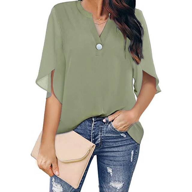 (Light Green, M) Women V Neck Chiffon Loose Blouse Tops Summer Casual Lady Solid Elegant Thin Half Sleeve Blouse Shirts ZC-ZC318
