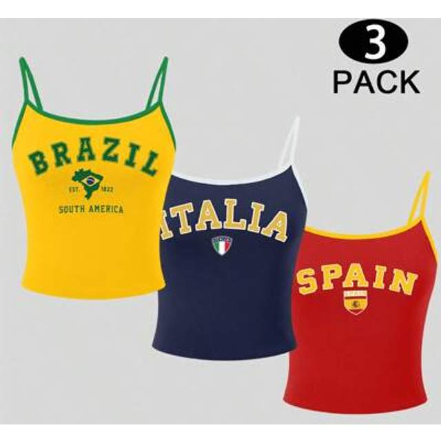 INAWLY 3 Pcs Y2K Letter Brazil Italy Spain Flag Graphic Colorblock Summer Cami Top With Contrast Trim