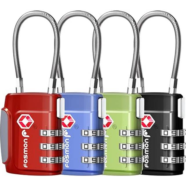 Fosmon – TSA kabellås PREMIUM | För resväskor, väska, ryggsäck och resväskor | reselås med 3-siffrig kod | rostfri zinklegering | Med öppningsdisplay | set om 4: blå + rosa + silver + svart