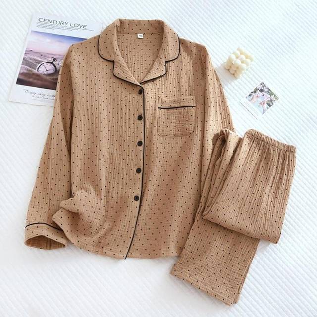 (brown, XL) 2024 Spring And Autumn New Women&apos;s Pajama Set 100%cotton Crepe Long-sleeved Trousers Two-piece Polka Dot Cute Home Wear Thin Set