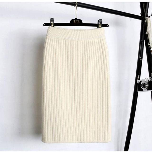 (beige, M) Scione 65-75cm Elastic Women Skirts Autumn Winter Warm Knitted Straight Skirt Ribbed Mid-long Skirt