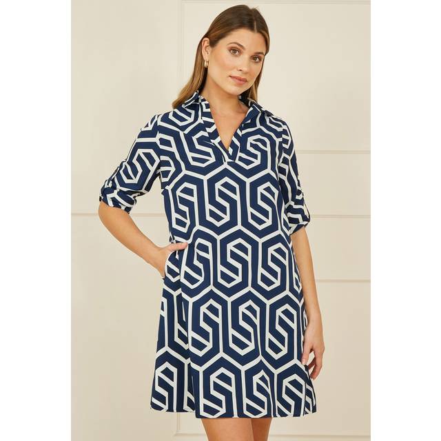 Yumi Navy Geo Print Tunic With Pockets - Size 14 UK - Yumi