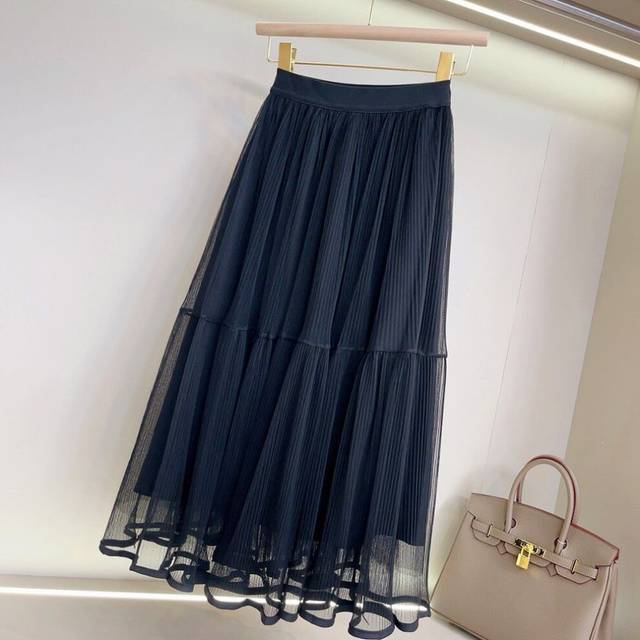 (Black, Universal Code) Moonlight Gauze Skirt Pleated A-line High-waisted Skirt Spring And Summer Slim And Big Posing Fairy Mid-length Mesh Skirt