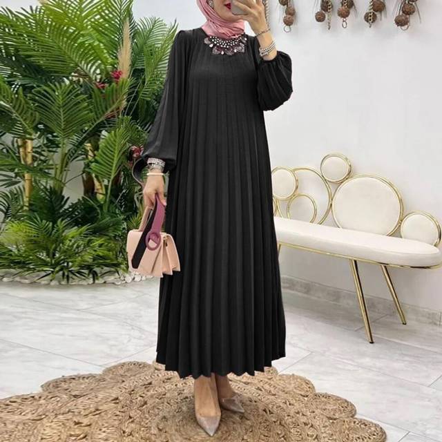(black, 2XL) Zanzea Women Casual Round Neck Long Sleeve Loose Pleated Dress