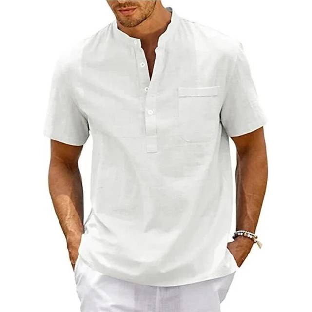 (white, L) Casual Men's Short-Sleeved Cotton Linen T-shirt, S-3XL