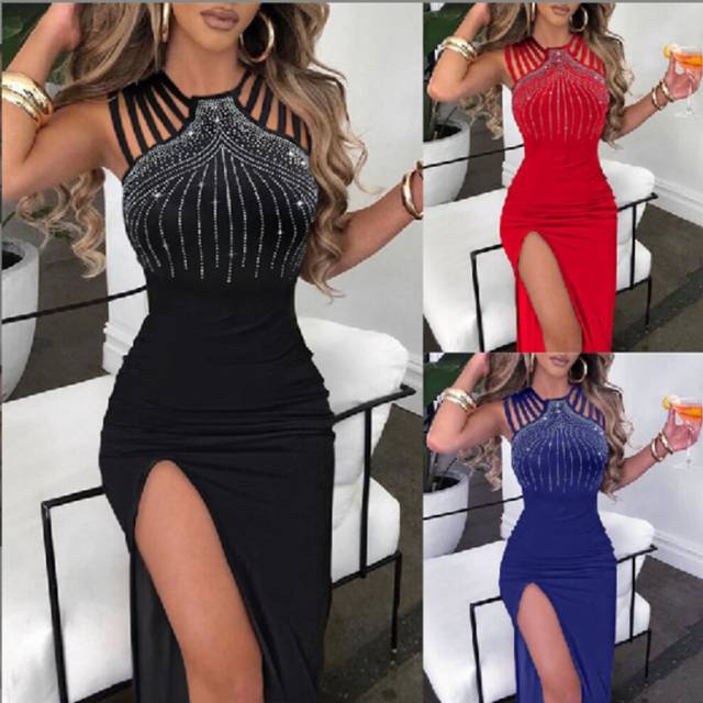 (White, XL) Women's Temperament Hot Diamond Slit Hip-packing Dress Nightclub Dinner Dress