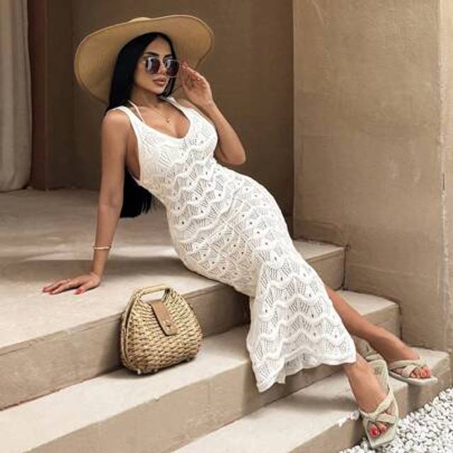 SHEIN Summer Beach Casual Solid Color Side Split Knit Coverup Dress
